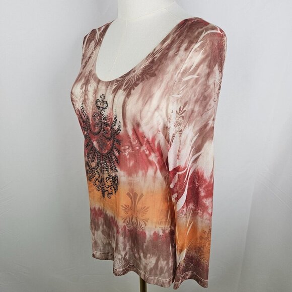 David Cline Mesh Sheer Tie-Dye Rhinestone Embellished Long Sleeve Top P Large - Picture 3 of 9